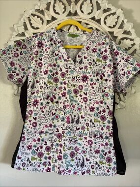 Women's White Multi-Color Puppy Cats  & Floral Print V-Neck Scrub Top